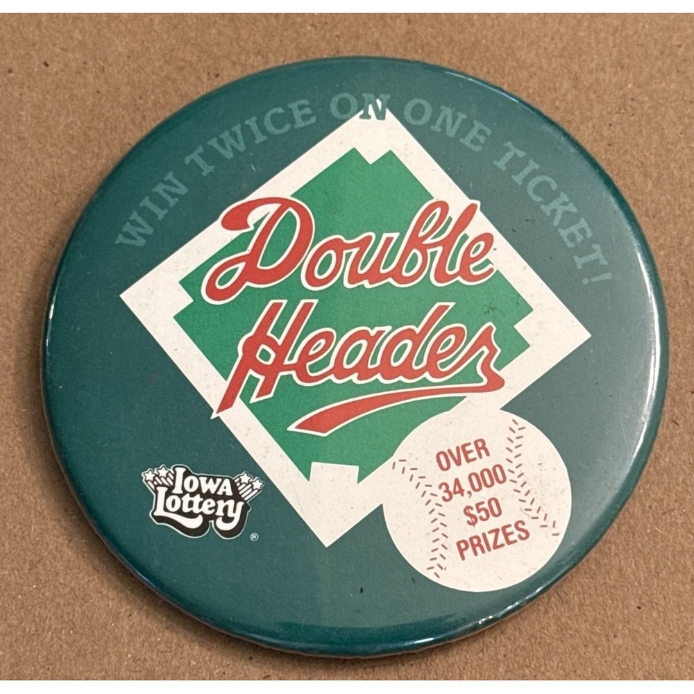 Iowa Lottery Double Header Baseball Vintage Pinback Button Pin Round Circle